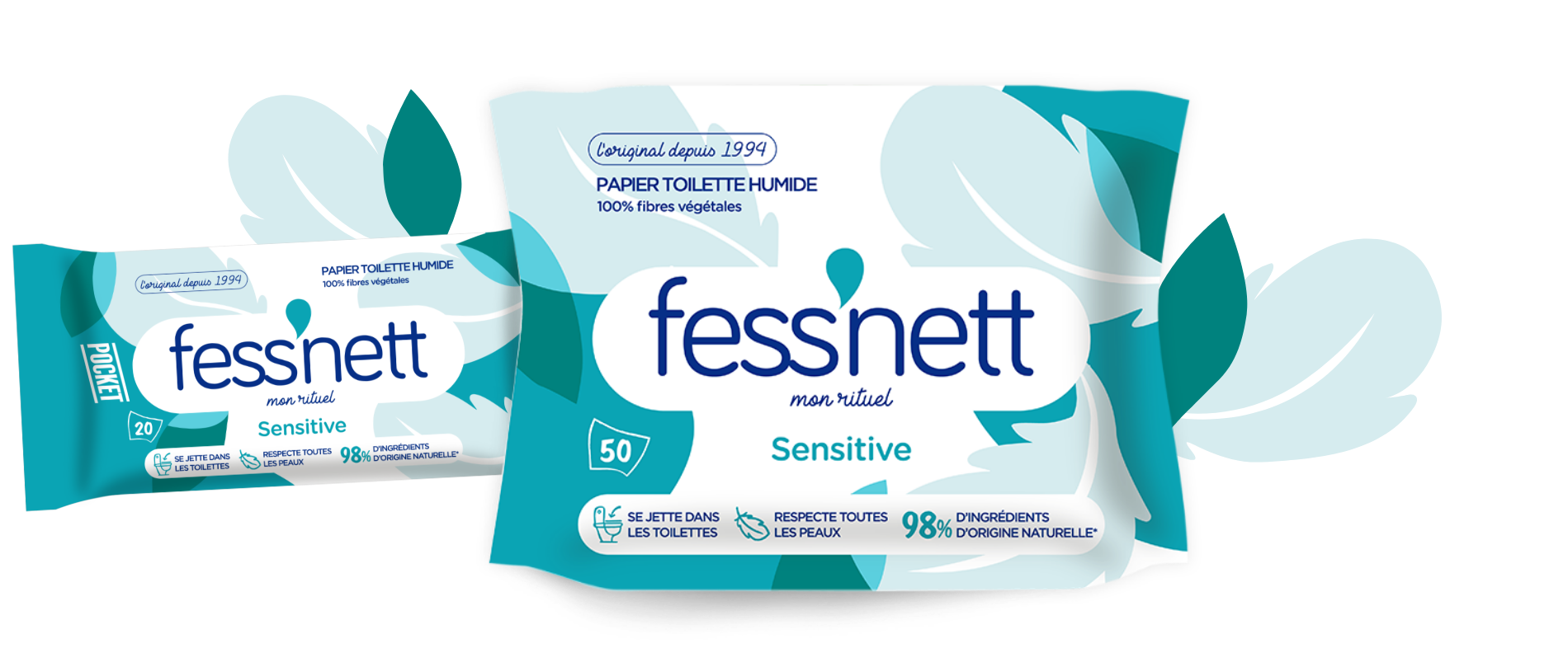 Fess'nett - Papier Toilette Humide Natura x50 - Formule Testée  Dermatologiquement 0% Parabène 0% Phenoxyethanol - Hypoallergénique